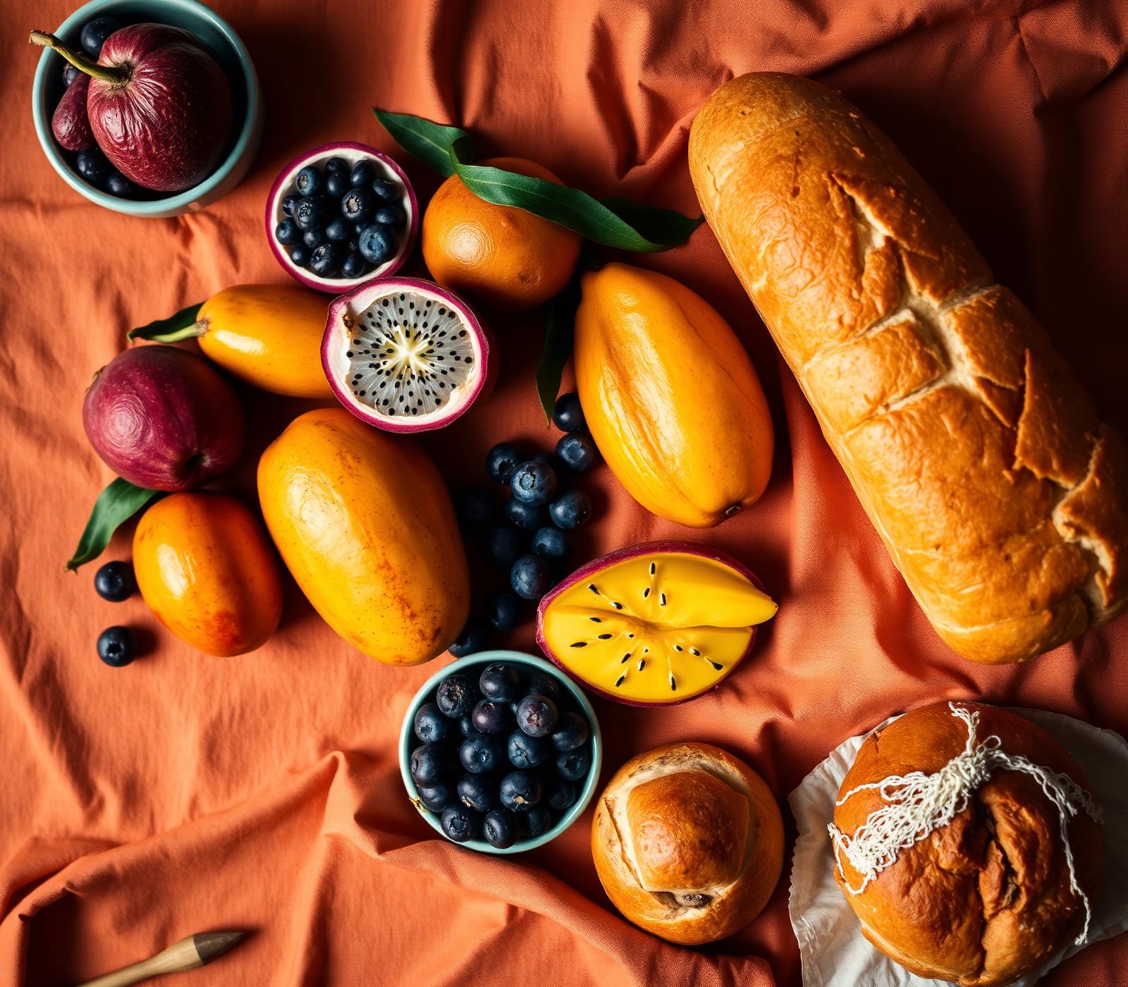 A warm flat lay of fresh mangoes, blueberries, dragon fruit and golden bakery bread