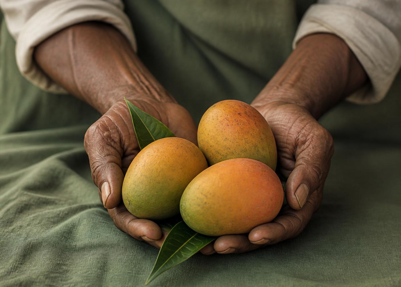 Farmer hands with mangoes